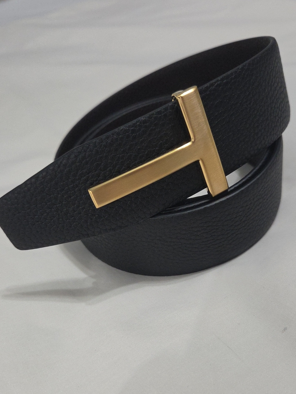 Reversible Tom Ford Black Brown Leather Belt Satin Gold T Buckle 100cm